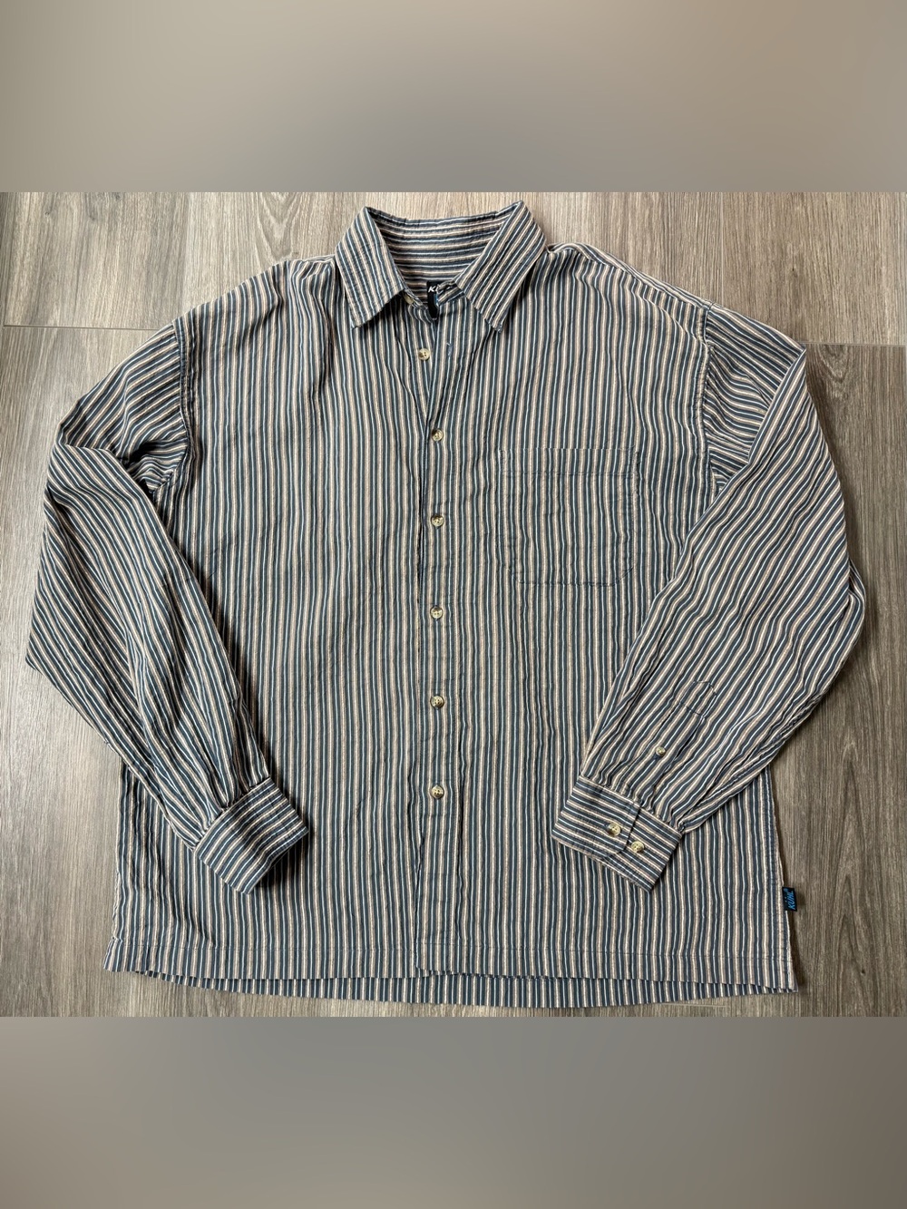 Kuhl Seersucker Men’s Striped Button Up Shirt XXL Long Sleeve Beige Blue 2XL